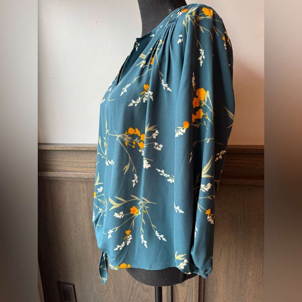 Collective Concepts Teal Floral Tie-Hem Blouse with Yellow Accents MP - Picture 3 of 7